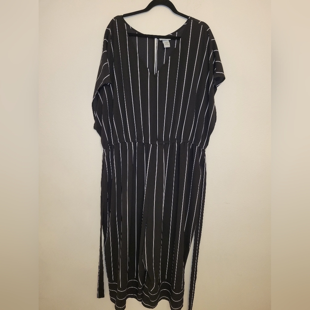 Women’s  Catherine’s Black White Stripe Wide Leg Belted Jumpsuit Size 34W